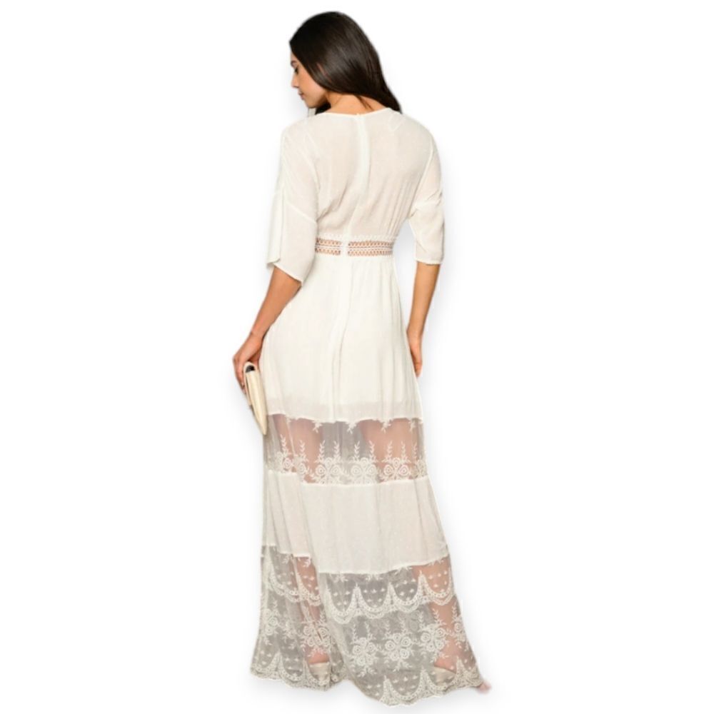 Boho Lace-Trim Cream Maxi Dress with Crochet Waist - Picture 12 of 14